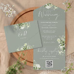 Sage Green Foliage Floral QR Code Monogram Wedding All In One Invitation<br><div class="desc">All in one wedding invitation featuring botanical greenery rustic leaves,  and elegant typography on a sage green background. The invitation includes a perforated RSVP card featuring a QR code. Designed by Thisisnotme©</div>