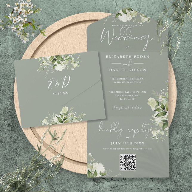 Sage Green Foliage Floral QR Code Monogram Wedding All In One Invitation (Sage Green Foliage Floral QR Code Monogram Wedding All In One Invitation)