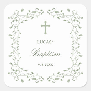 Sage Green Foliage Frame Baptism Square Sticker