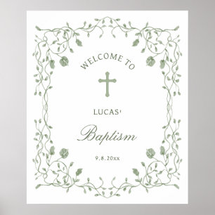 Sage Green Foliage Frame Baptism Welcome Poster