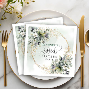 Sage Green Foliage Sweet Sixteen Party Napkins