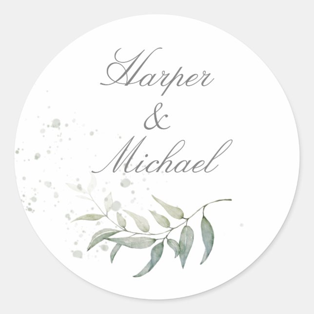Sage green foliage wedding classic round sticker (Front)