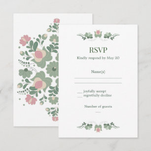 Sage Green Folk Floral Wedding RSVP Card