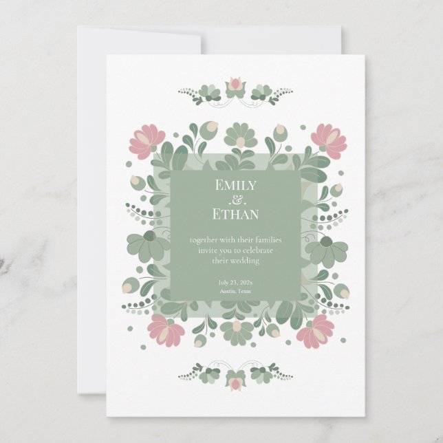 Sage Green Folk Wildflower Wedding Invitation (Front)