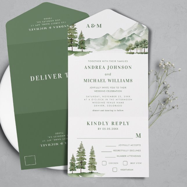 Sage Green Forest Mountain Rustic Nature Wedding All In One Invitation (Creator Uploaded)