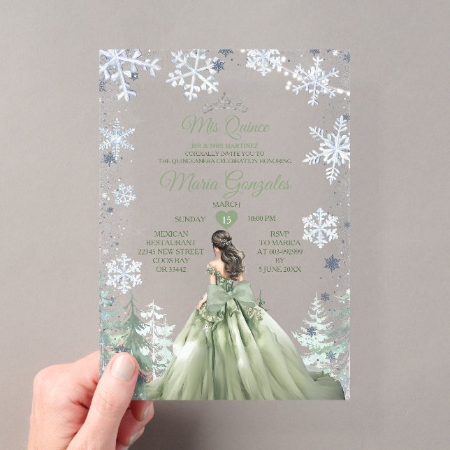 Sage Green Forest Winter Princess Mis Quince Acrylic Invitations (Insitu (Handheld))