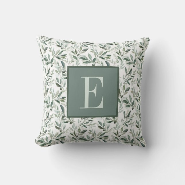 Sage Green French Country Olive Monogram Throw Pillow (Front)