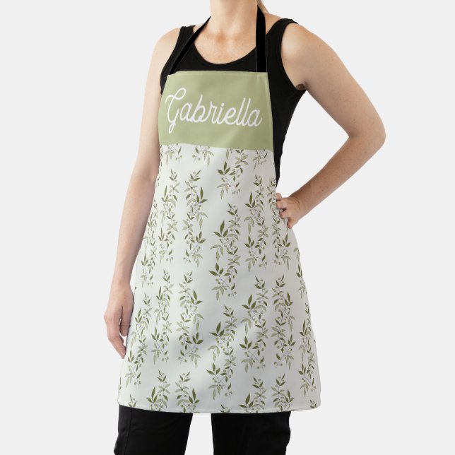 Sage Green French Country Olive Pattern Name Apron (Insitu)