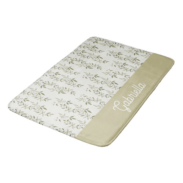 Sage Green French Country Olive Pattern Name Bath Mat (Angled)