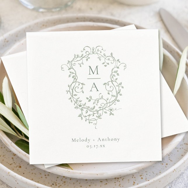 Sage Green French Floral Crest Classic Wedding  Napkin (Creator Uploaded)