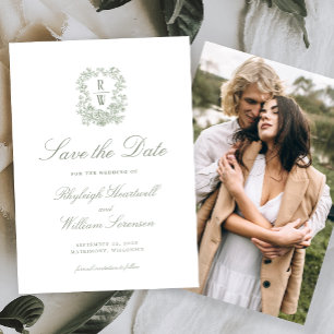Sage Green French Floral Monogram Crest Photo Save The Date