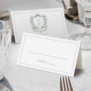Sage Green French Roses Monogram Crest Wedding Place Card