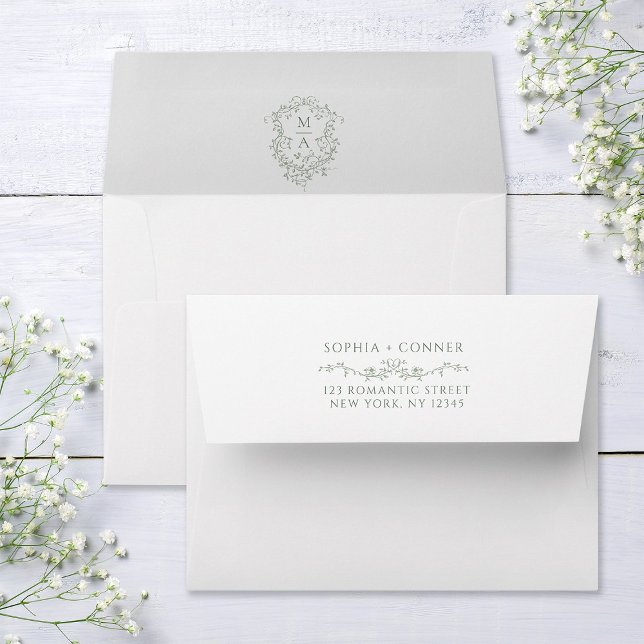 Sage Green French Wedding Pre-Printed Address 5x7 Envelope (Inside & Back)