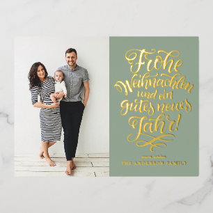Sage Green Frohe Weihnachten Calligraphy Photo Foil Holiday Postcard