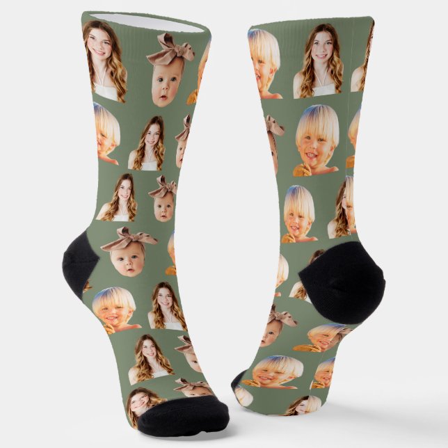 Sage Green Funny Custom Mom of 3 Kids Photo Socks (Angled)