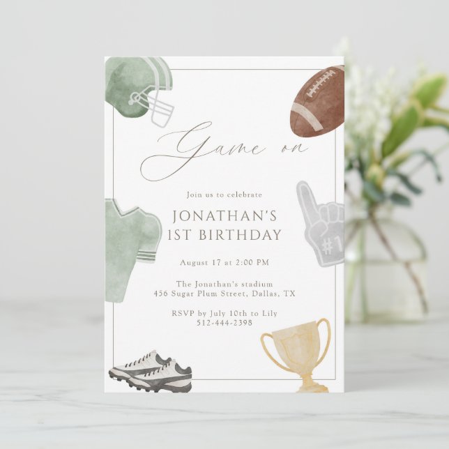 Sage Green Game On Football Birthday Invitation (Standing Front)