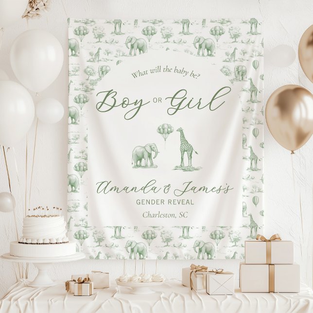Sage Green Gender Reveal Banner Safari Toile Tapestry (Creator Uploaded)