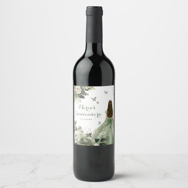 Sage Green Geometric Princess Floral XV Años Wine Label (Front)