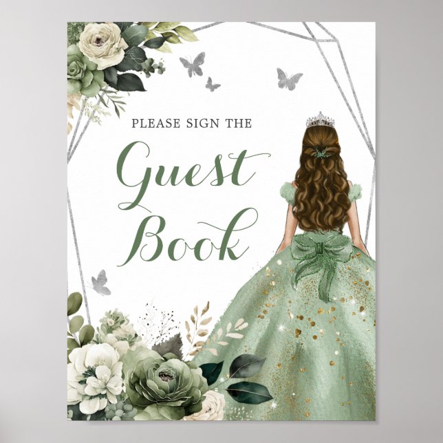 Sage Green Geometric Princess XV Años Guest Book (Front)