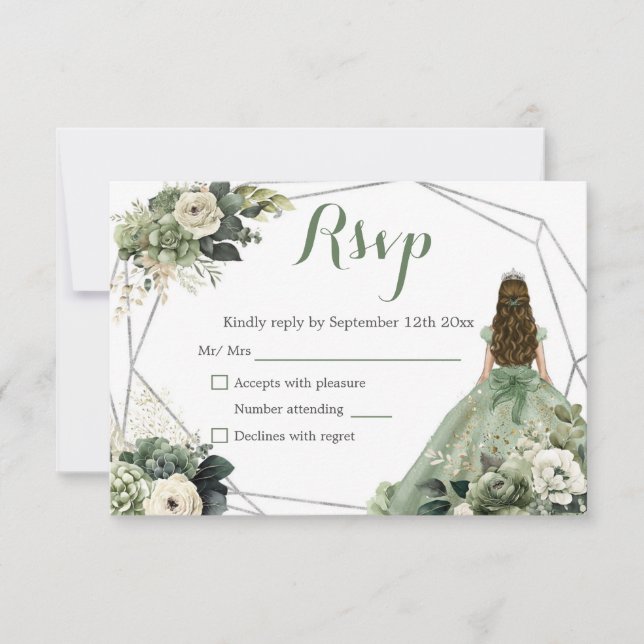Sage Green Geometric Royal Princess Quinceañera RSVP Card (Front)