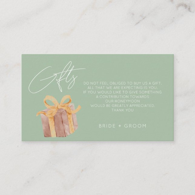 Sage green gift registry honeymoon fund wedding  enclosure card (Front)