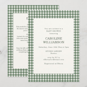 Sage Green Gingham All in One Retro Baby Shower Invitation