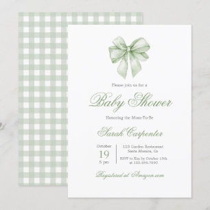 Sage Green Gingham and Bow Baby Shower Invitation