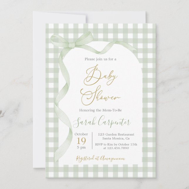 Sage Green Gingham and Bow Baby Shower Invitation (Front)