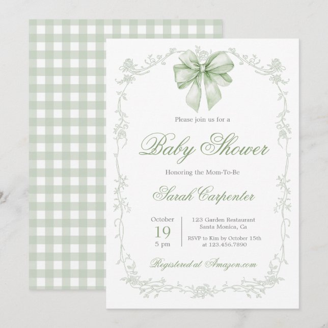 Sage Green Gingham and Bow Baby Shower Invitation (Front/Back)