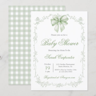 Sage Green Gingham and Bow Baby Shower Invitation