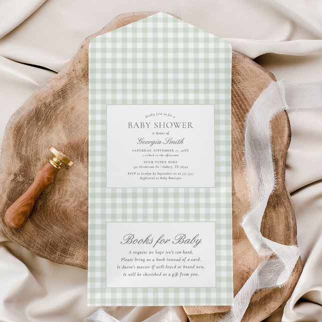 Sage Green Gingham Baby Shower All In One Invitation (Creator Uploaded)