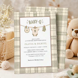Sage Green Gingham Baby Shower Cozy BBQ Invitation