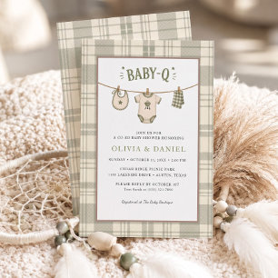 Sage Green Gingham Baby Shower Cozy BBQ Invitation