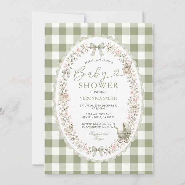 Sage Green Gingham Baby Shower Invitation (Front)