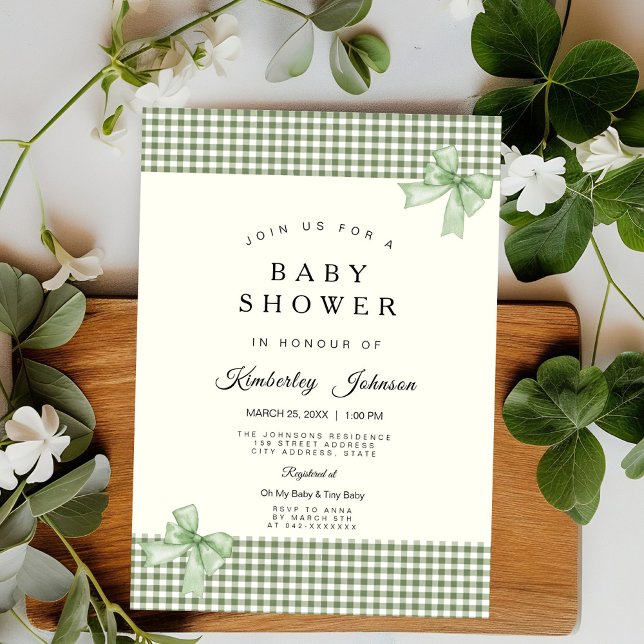 Sage Green Gingham Baby Shower Invitation & Bows (Creator Uploaded)