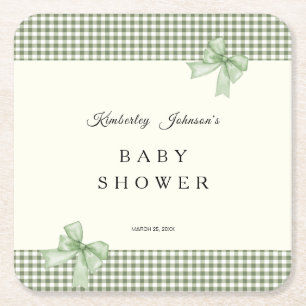 Sage Green Gingham Baby Shower Invitation & Bows Square Paper Coaster