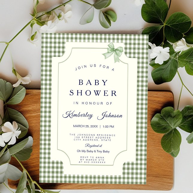 Sage Green Gingham Baby Shower Invitation with Bow (Creator Uploaded)