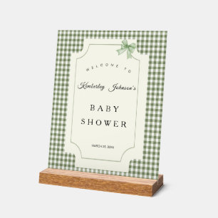 Sage Green Gingham Baby Shower Invitation with Bow Acrylic Sign