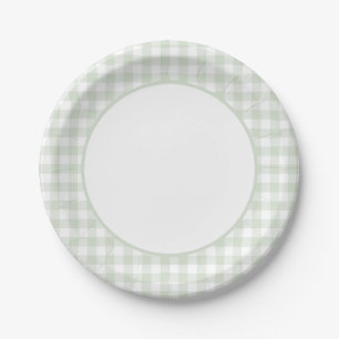 Sage Green Gingham Baby Shower Paper Plate
