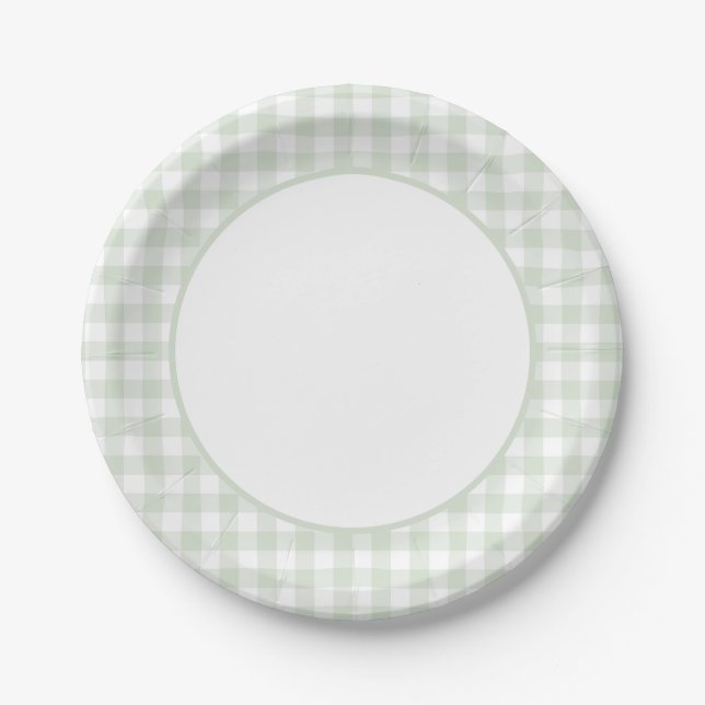 Sage Green Gingham Baby Shower Paper Plate (Front)