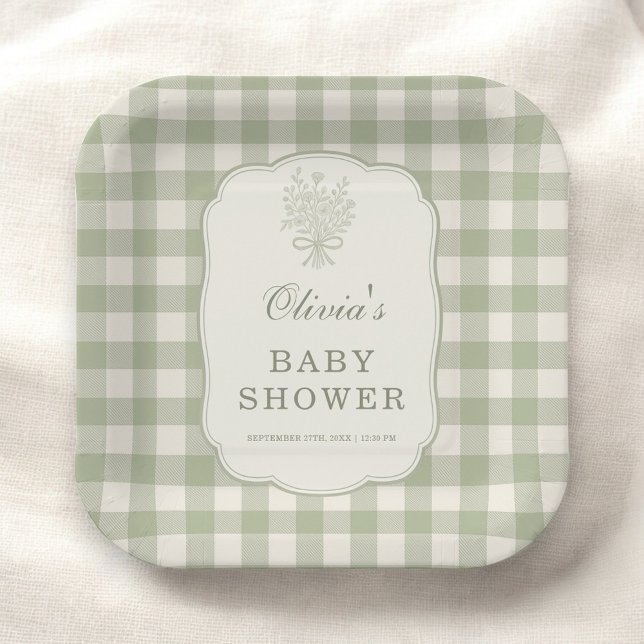 Sage Green Gingham Baby Shower Party Paper Plate (Creator Uploaded)