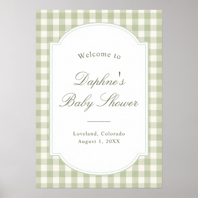 Sage Green Gingham Baby Shower Poster (Front)