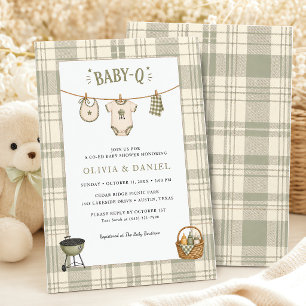 Sage Green Gingham Baby Shower Rustic BBQ Invitation