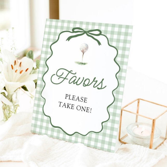 Sage Green Gingham Bow Golf Favours Sign (Sage Green Gingham Bow Golf Favors Sign)