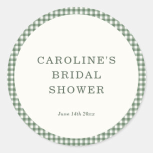 Sage Green Gingham Bride Name Date Bridal Shower Classic Round Sticker