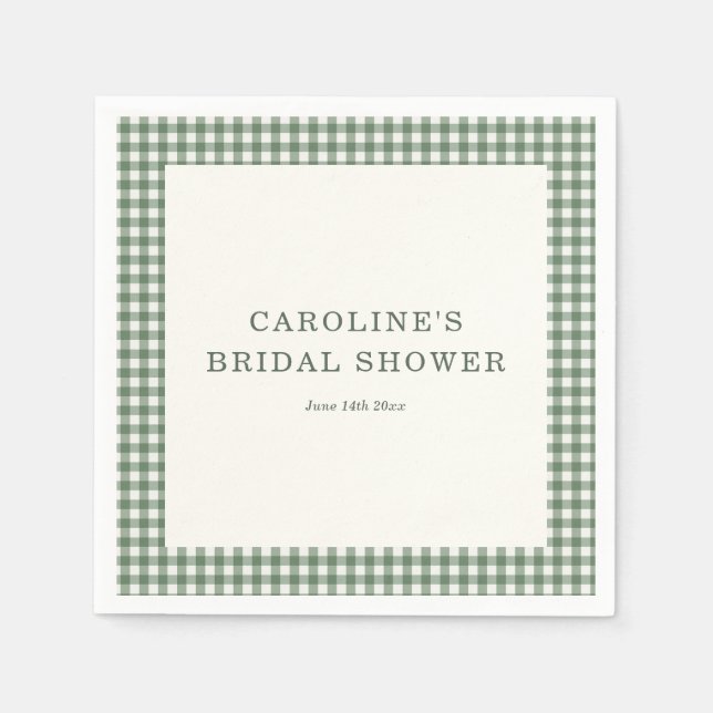 Sage Green Gingham Bride Name Date Bridal Shower Napkin (Front)