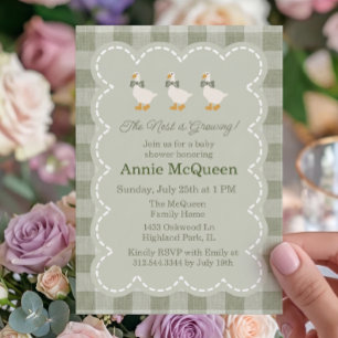 Sage Green Gingham Buffalo Check Goose Baby Shower Invitation