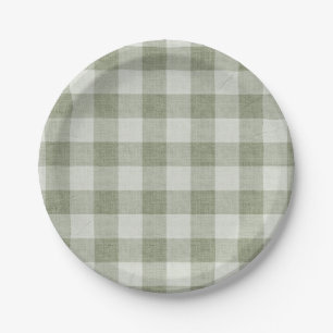 Sage Green Gingham Buffalo Check Linen Texture  Paper Plate