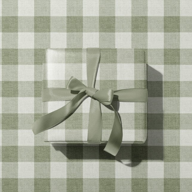 Sage Green Gingham Buffalo Check Linen Texture Wrapping Paper (Creator Uploaded)