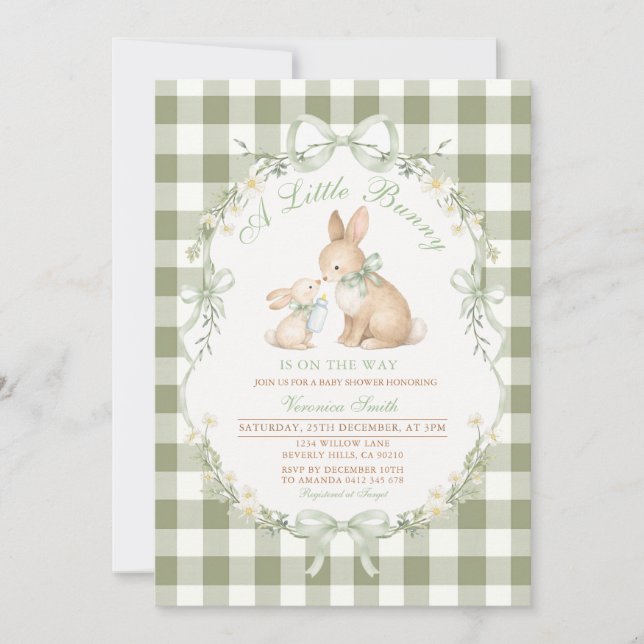 Sage Green Gingham Bunny Neutral Baby Shower  Invitation (Front)